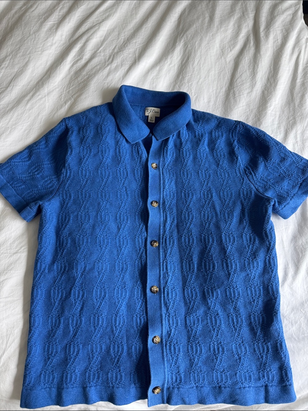 J Crew Short-sleeve cotton polo cardigan sweater in geometric cable-knit